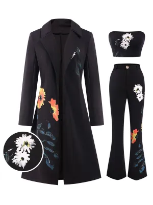 3PCS Black 1960s Floral Long Coat & Top & Pants Suit Set