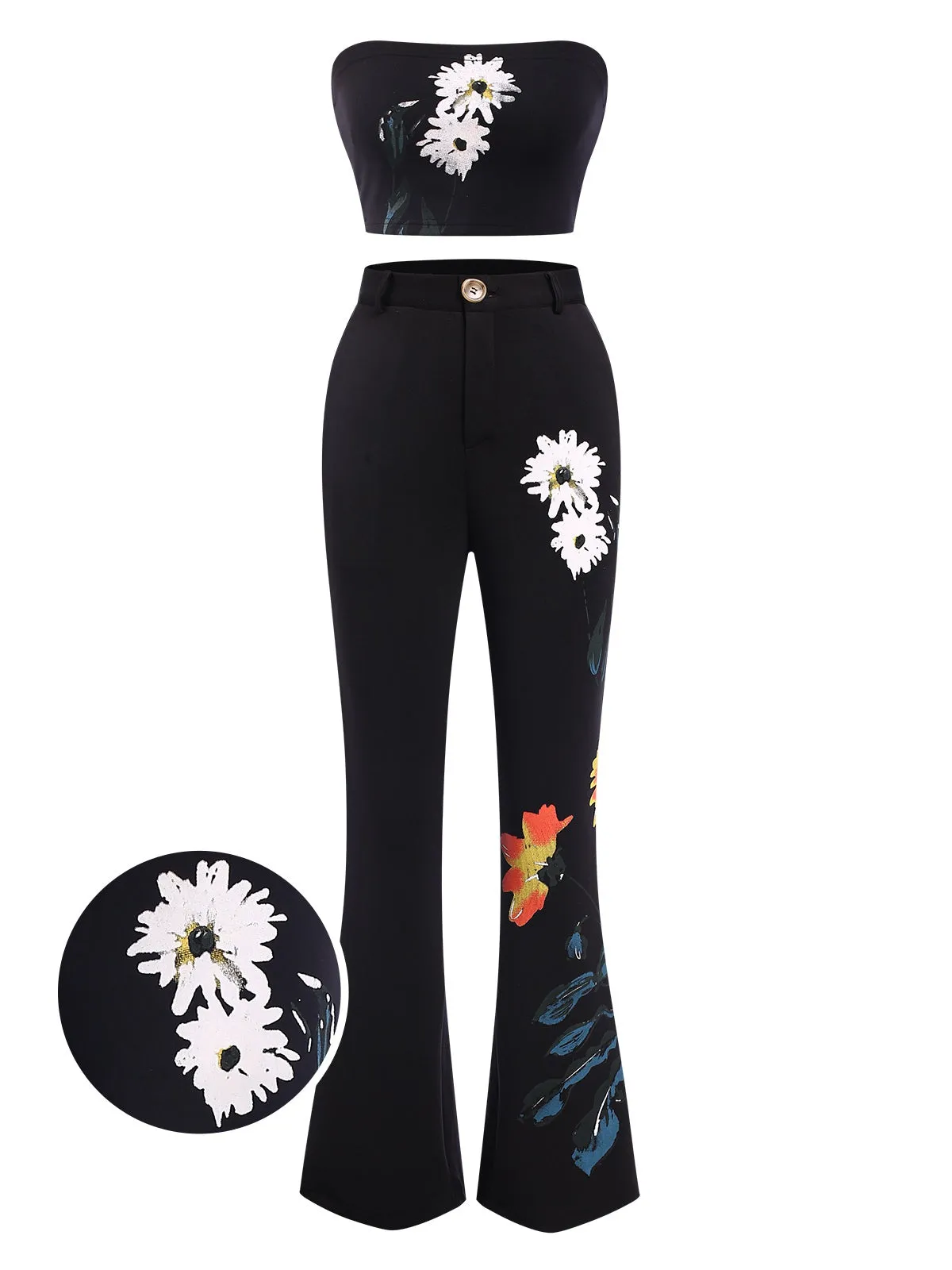 3PCS Black 1960s Floral Long Coat & Top & Pants Suit Set