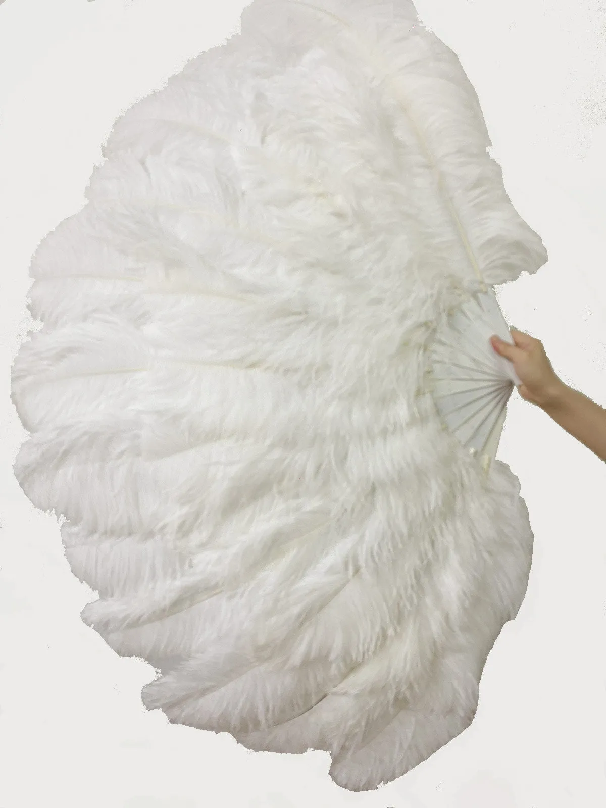 A pair of white XL 2 Layers Ostrich Feather Fan 34''x 60'' with aluminum staves