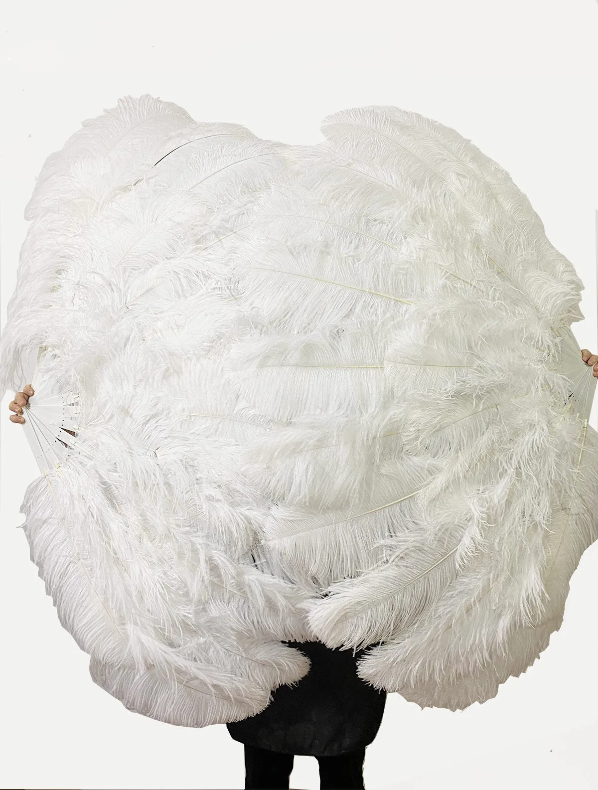 A pair of white XL 2 Layers Ostrich Feather Fan 34''x 60'' with aluminum staves