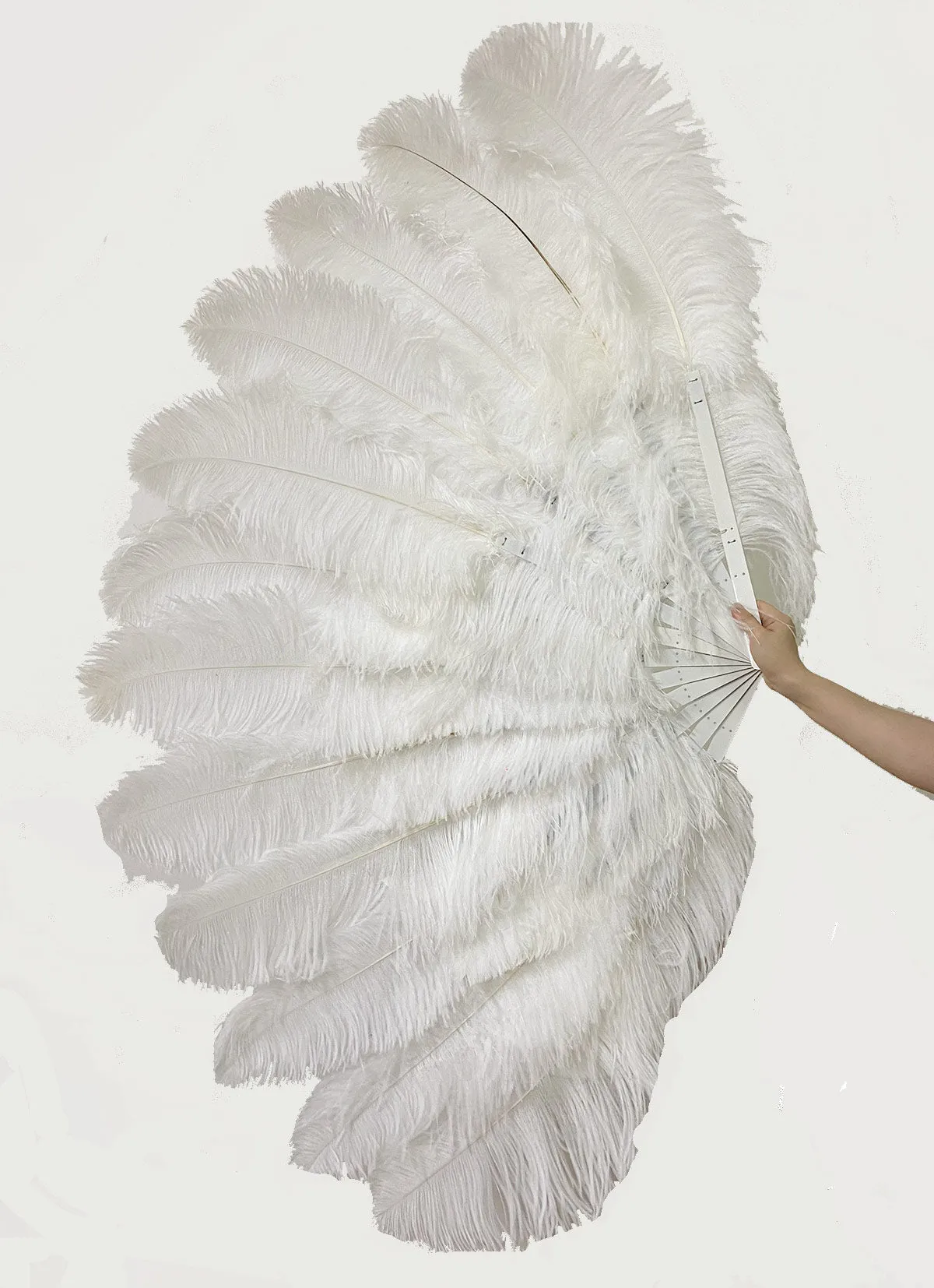 A pair of white XL 2 Layers Ostrich Feather Fan 34''x 60'' with aluminum staves