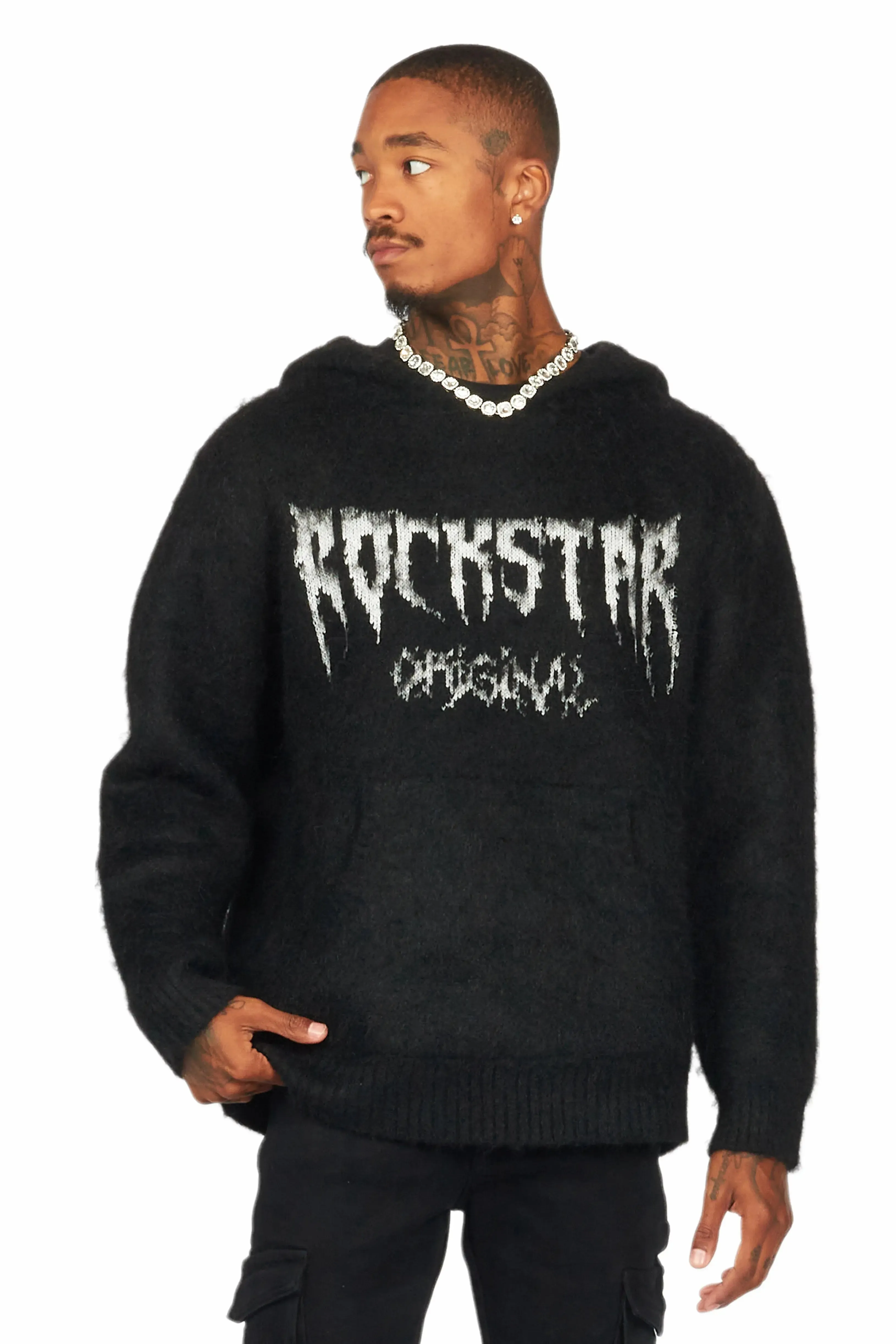 Andros Black Graphic Knitted Mohair Hoodie