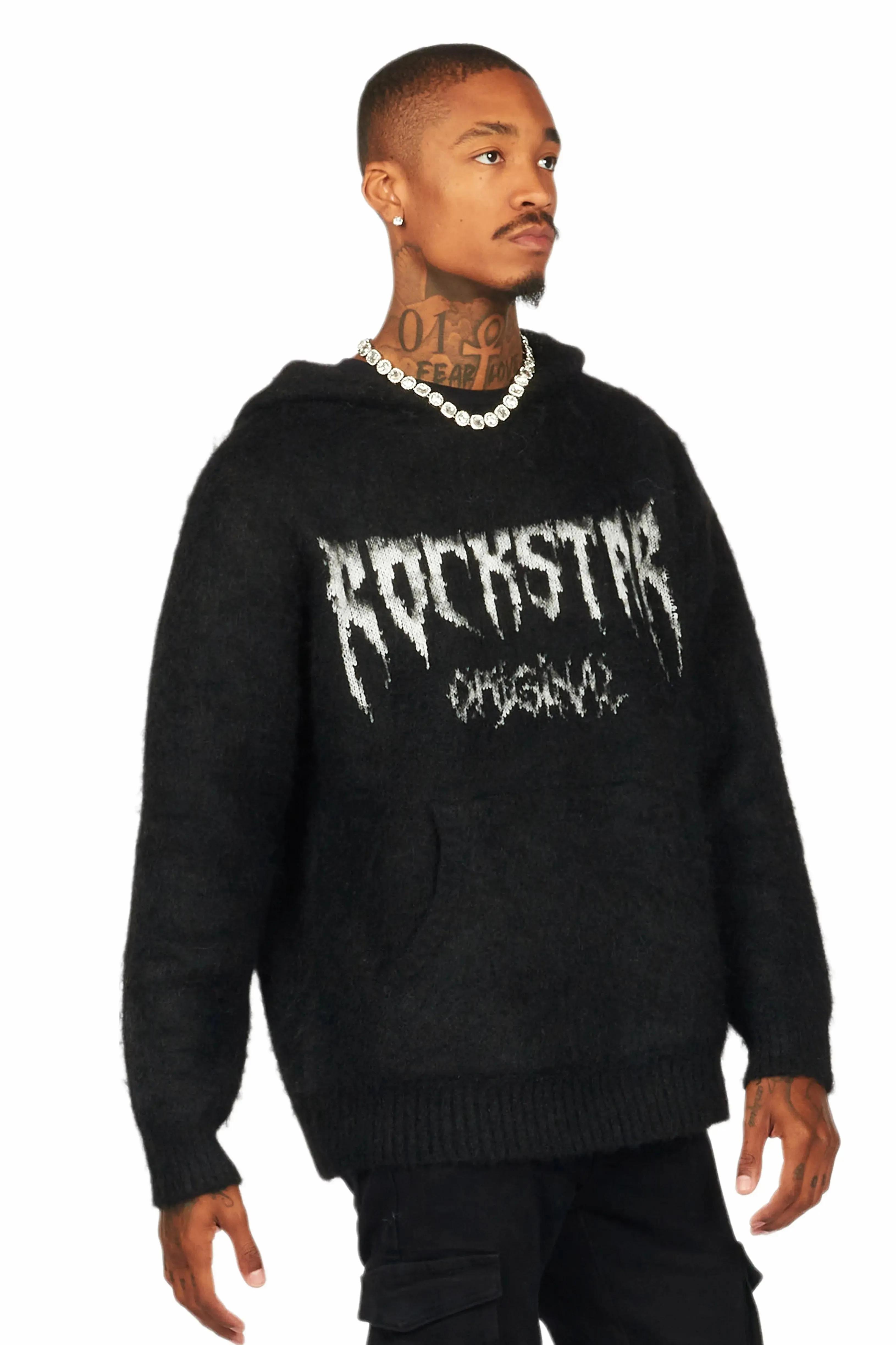 Andros Black Graphic Knitted Mohair Hoodie