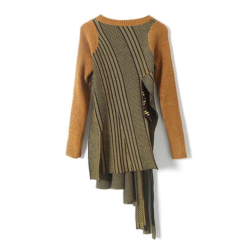 Asymmetric Contrast Color Fringe Long Sleeve Knit Sweater - Ginger