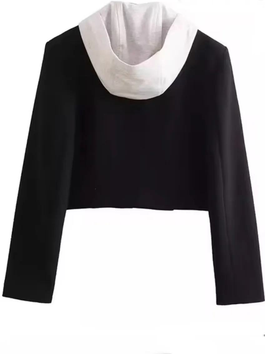 Black and white hooded crop blazer jacket