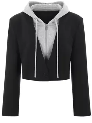 Black and white hooded crop blazer jacket