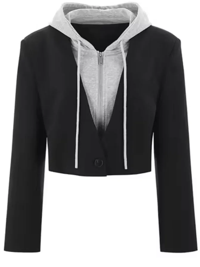 Black and white hooded crop blazer jacket