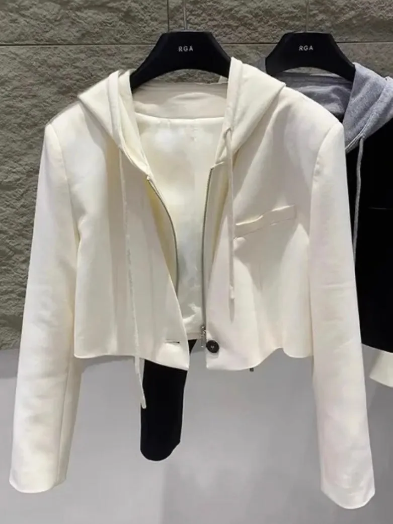 Black and white hooded crop blazer jacket