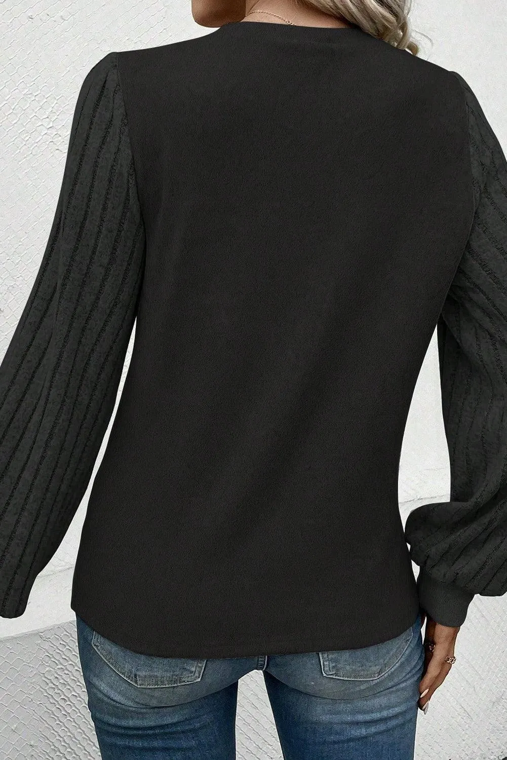 Black Knitted Long Sleeve Stretchy Crew Neck Top