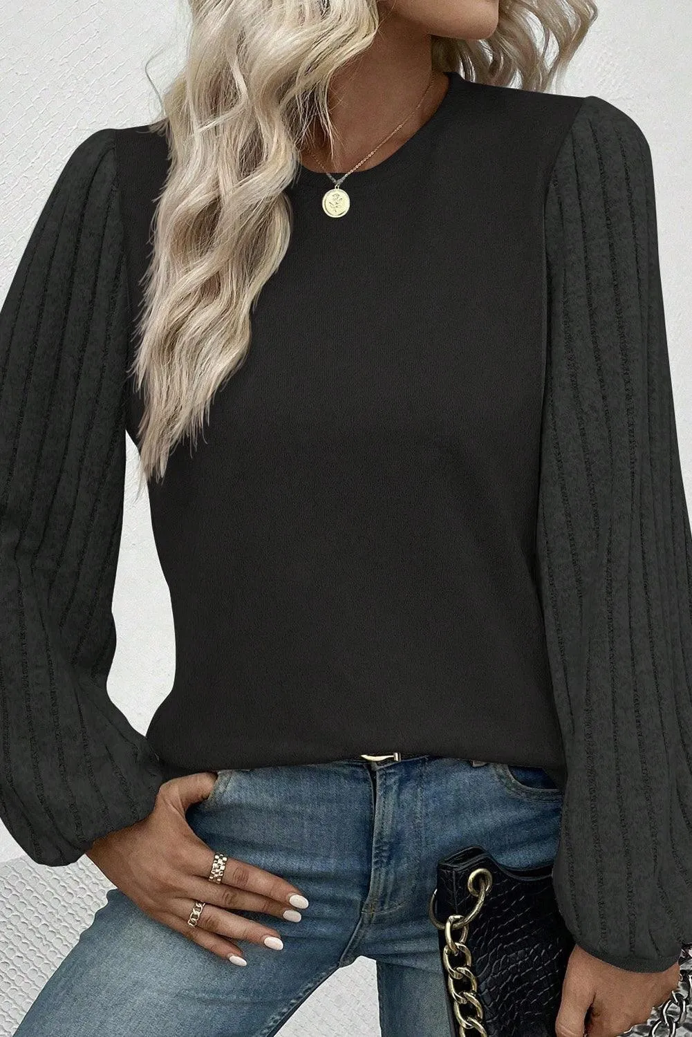 Black Knitted Long Sleeve Stretchy Crew Neck Top