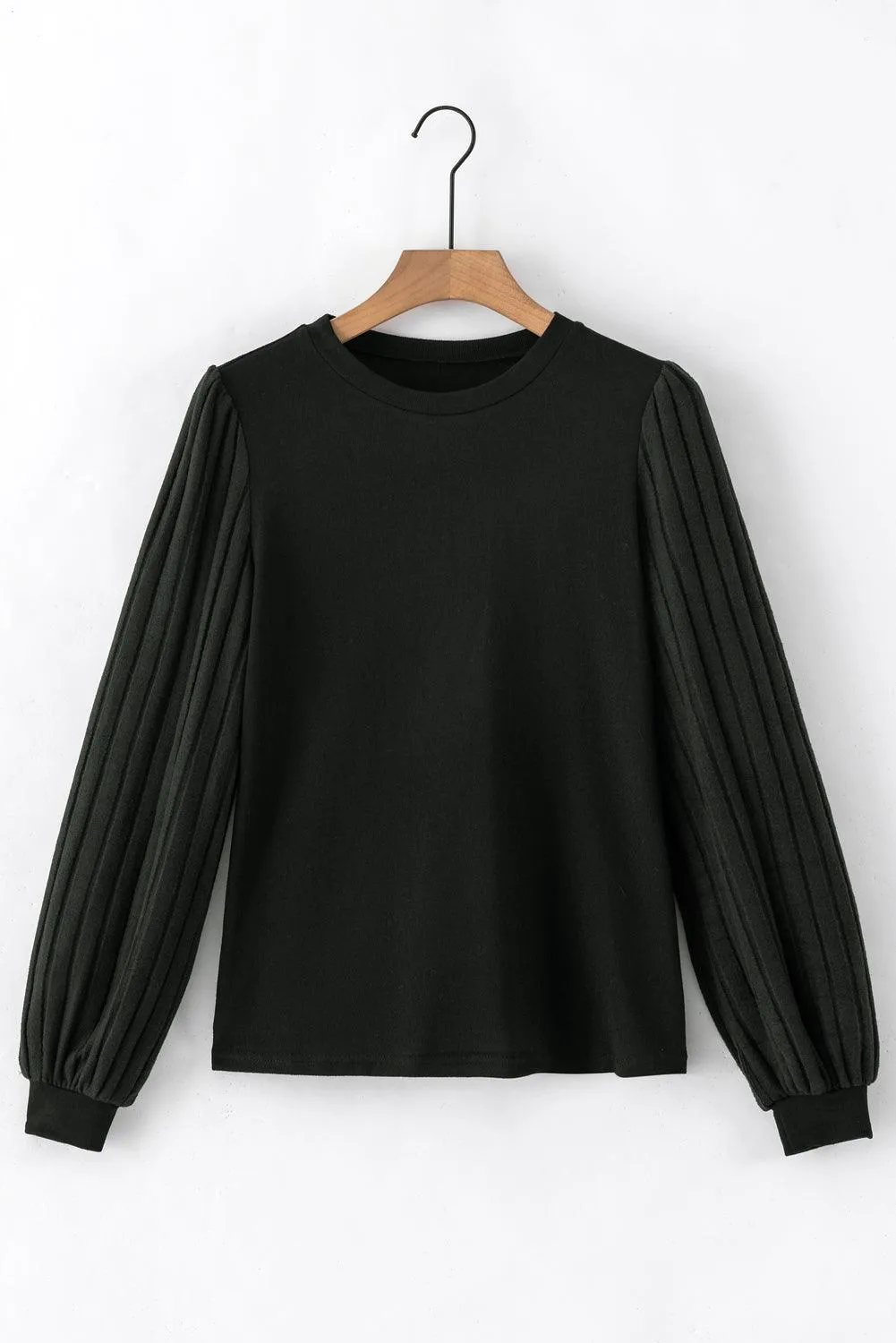 Black Knitted Long Sleeve Stretchy Crew Neck Top