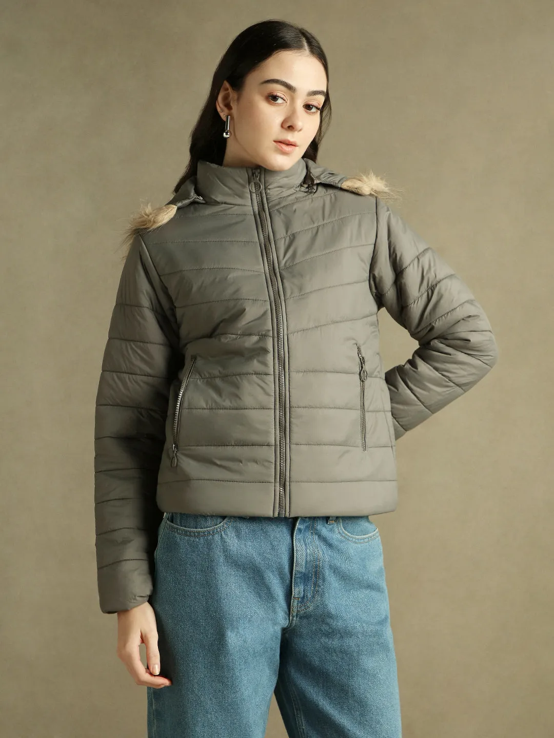 DL Woman Grey Hooded Full Sleeves Puffer Jacket