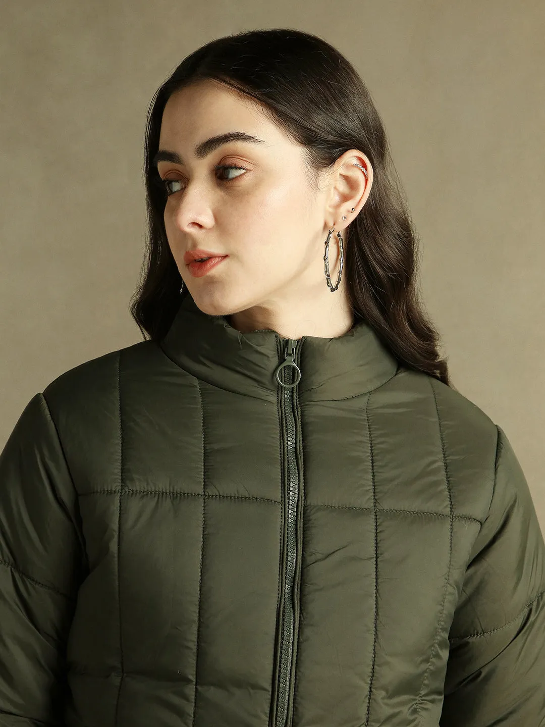 DL Woman Olive Solid Stand Collar Full sleeves Puffer Jacket