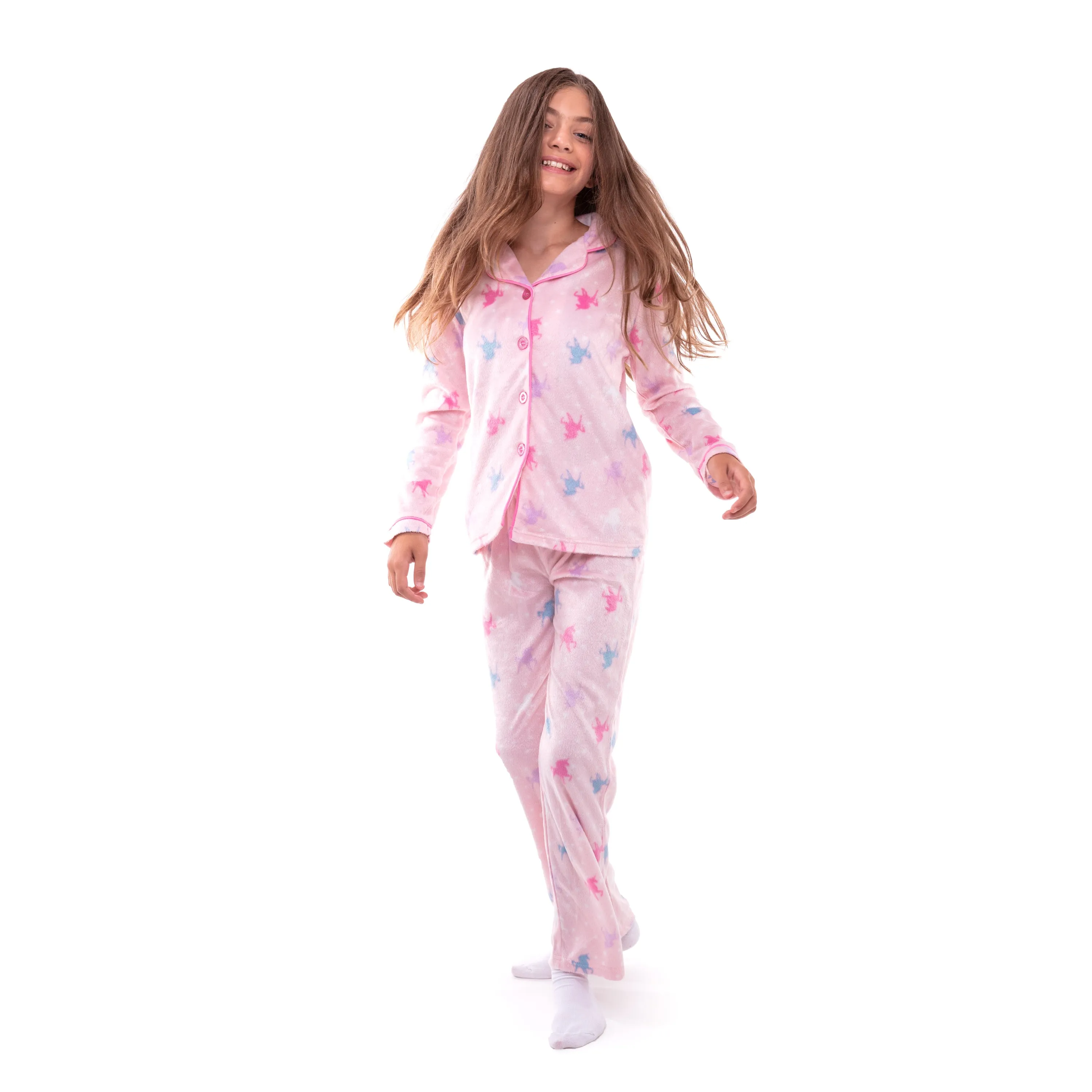 Girls Unicorn 2-Piece Button Up Fleece Coat Pajama Sleep Set