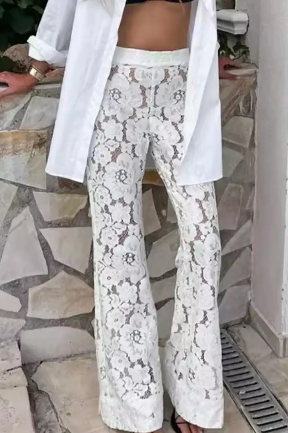 Lili White Lace Floral Flared Trousers