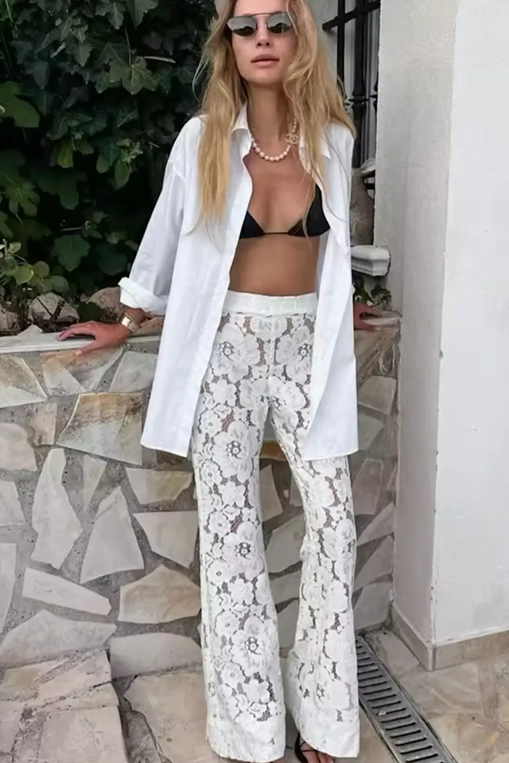 Lili White Lace Floral Flared Trousers