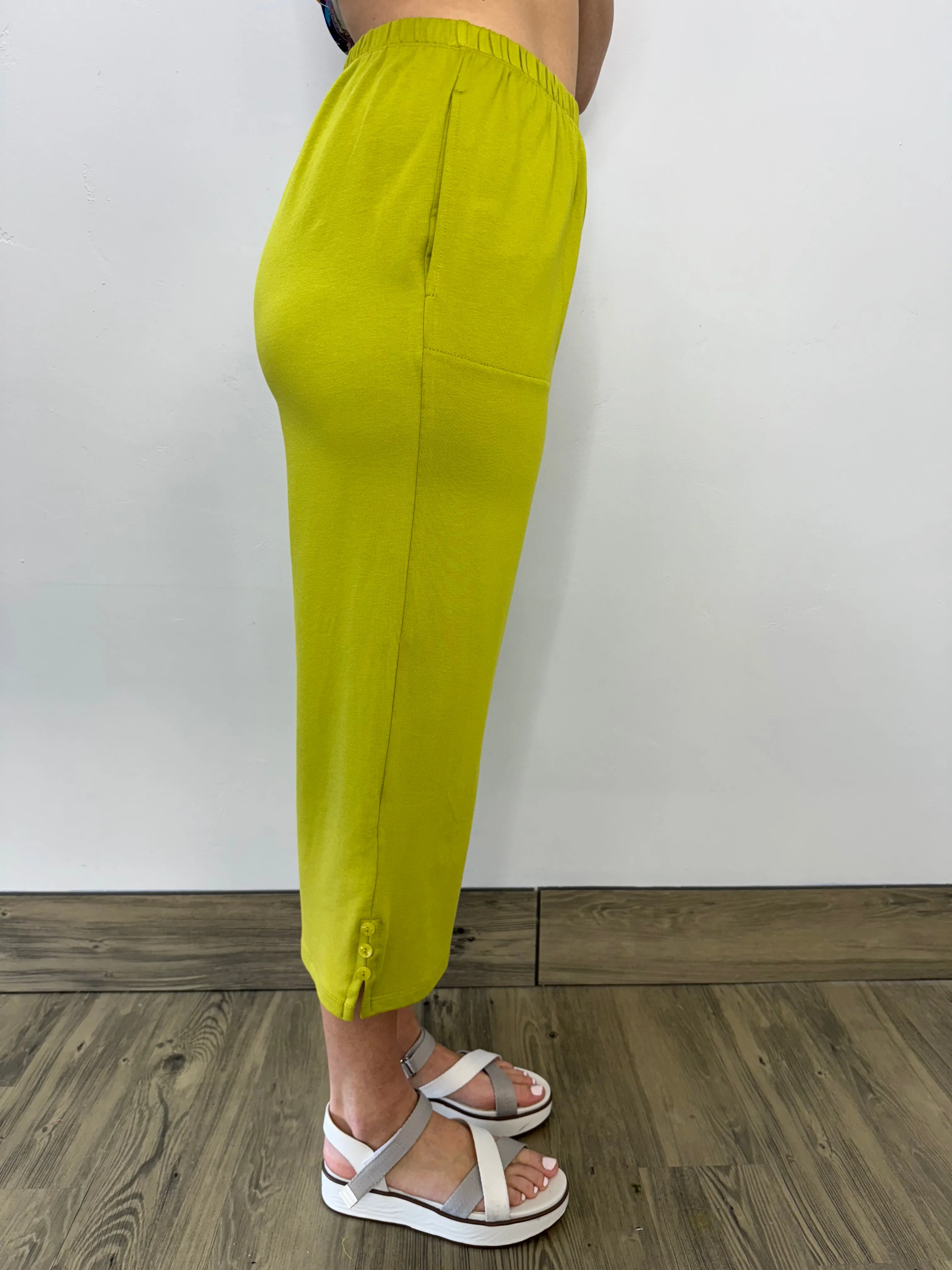 Lime Bamboo Terry Capri with Button Detail