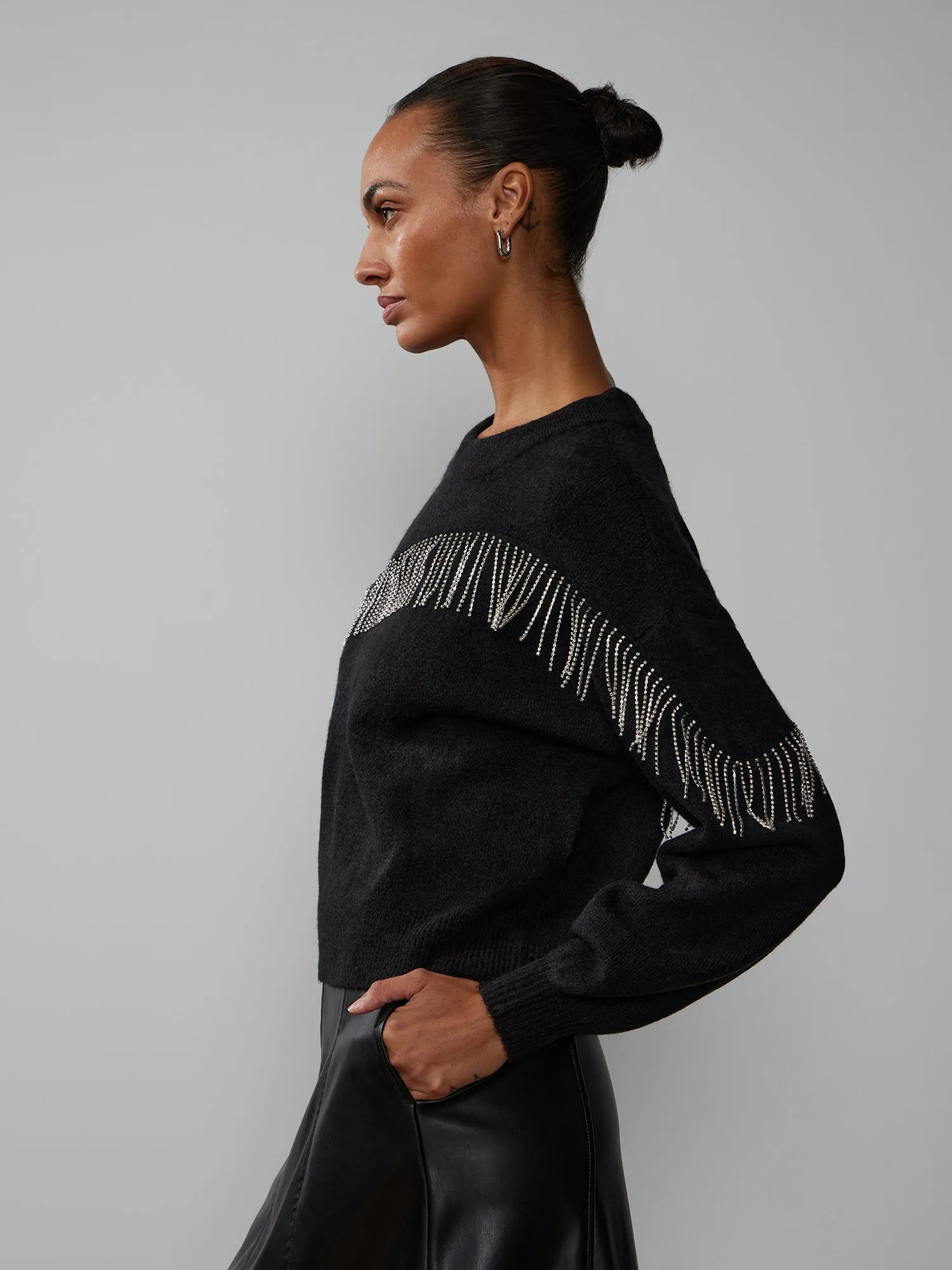 Long Sleeve Rhinestone Fringe Sweater