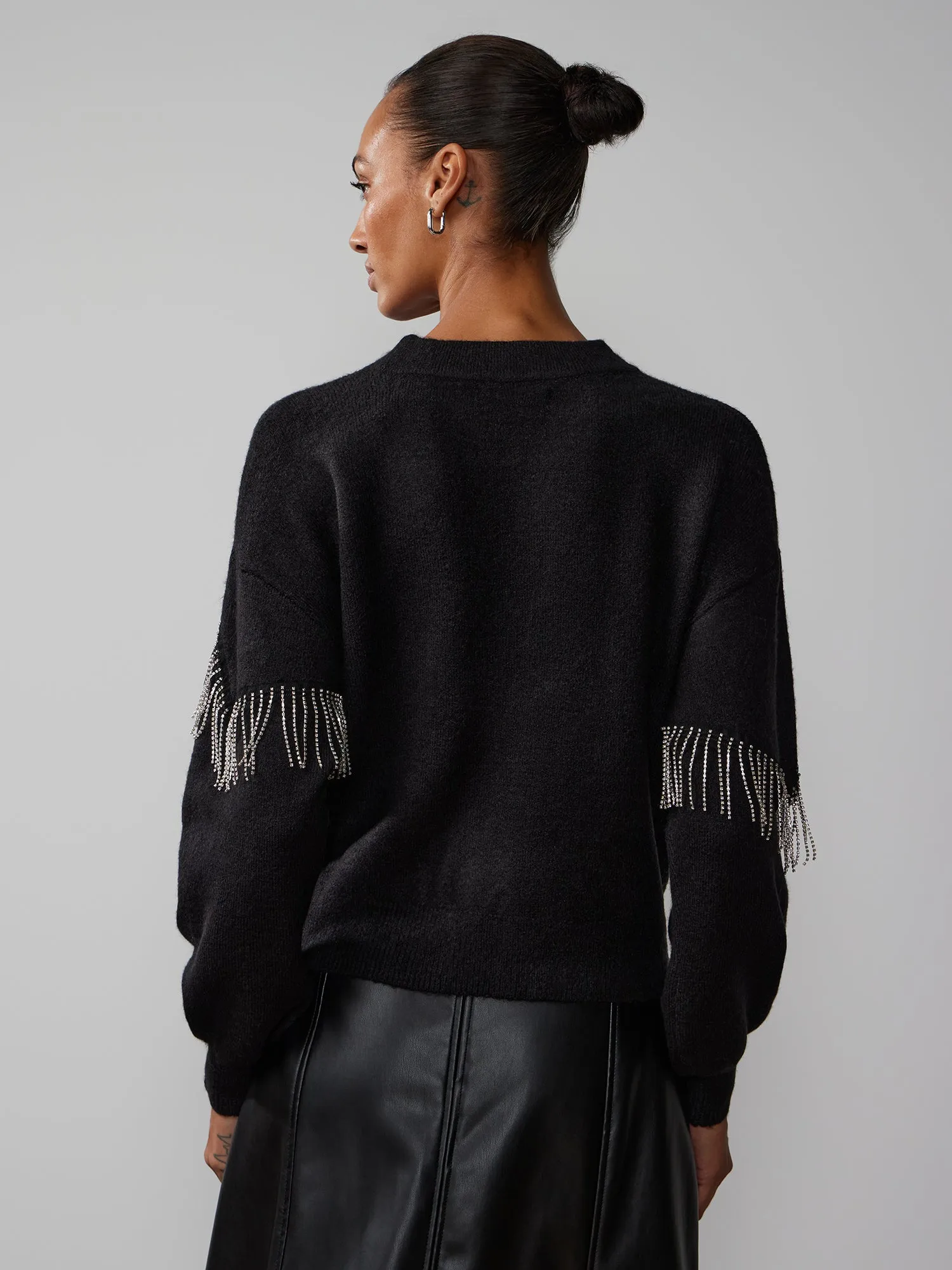 Long Sleeve Rhinestone Fringe Sweater