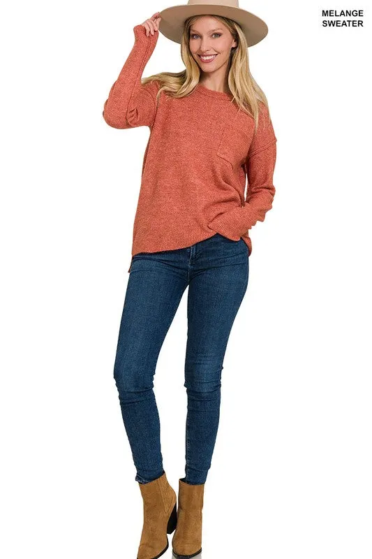 MELANGE HI-LOW HEM ROUND NECK SWEATER • MORE COLORS