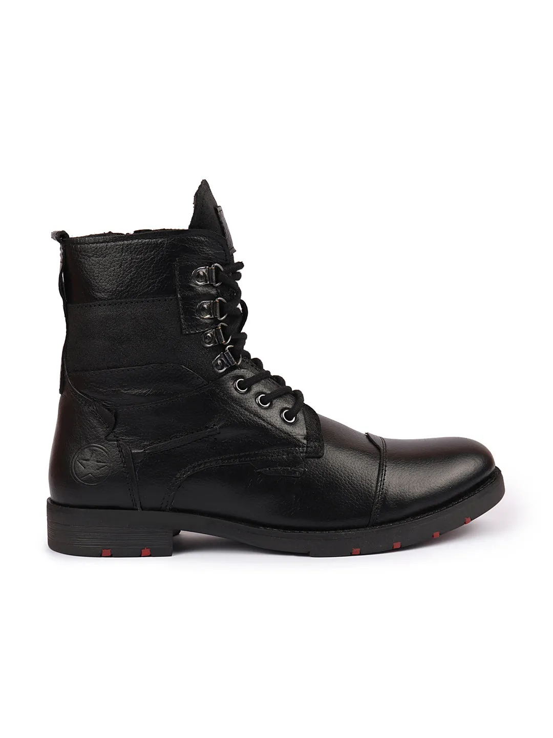 Men Black High Ankle Genuine Leather Hook and 3-Eye Lace Up Side Zipper Cap Toe Stitched Biker Boots