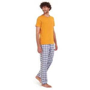 Men summer pajama set Mustard t-shirt   Dark blue x white checkered Pants