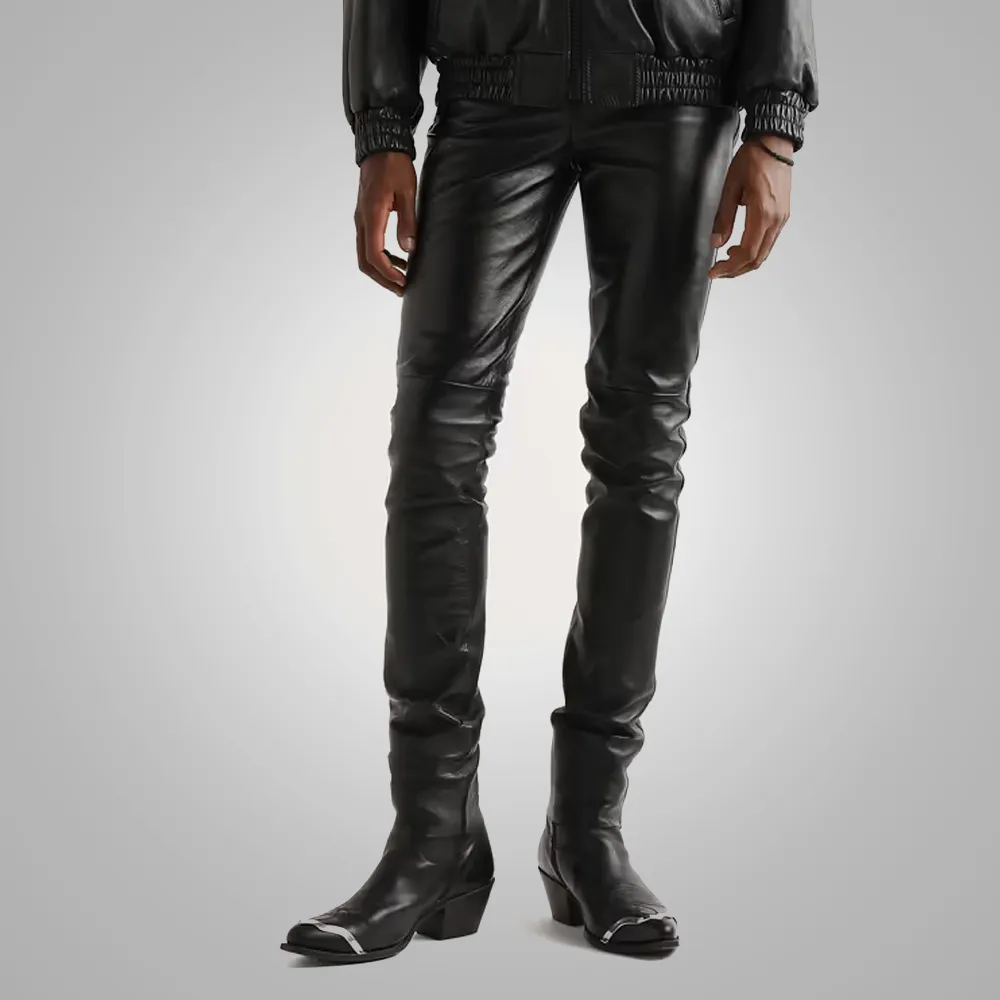 Mens Black Leather Sheep Skin Leather Biker Jeans Pant