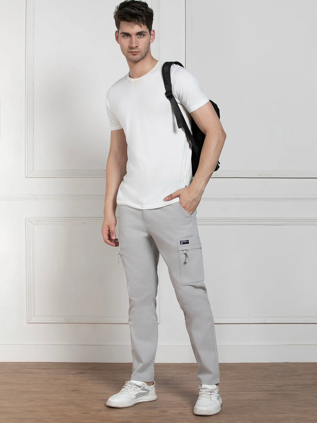 Men's Solid Light Grey Stretchable Cargo Trousers