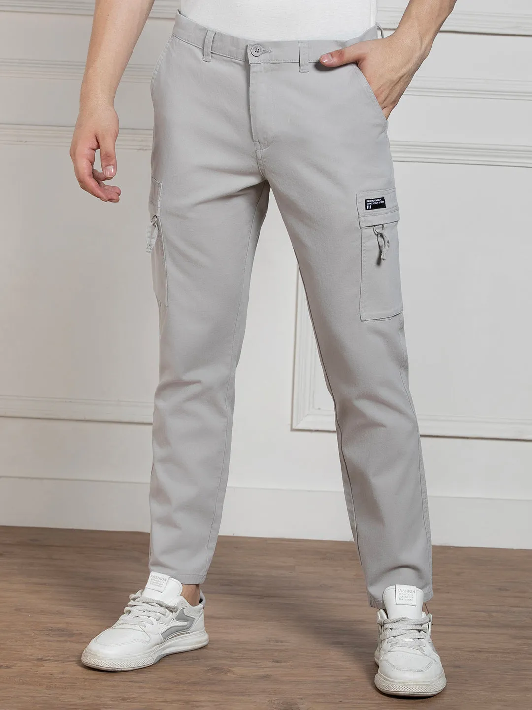 Men's Solid Light Grey Stretchable Cargo Trousers