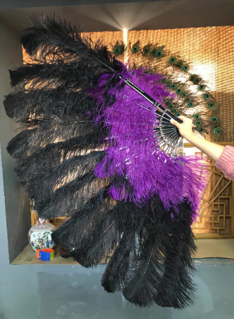 Mix black & dark purple XL 2 Layer Ostrich Feather Fan 34 x 60 with Travel leather Bag b