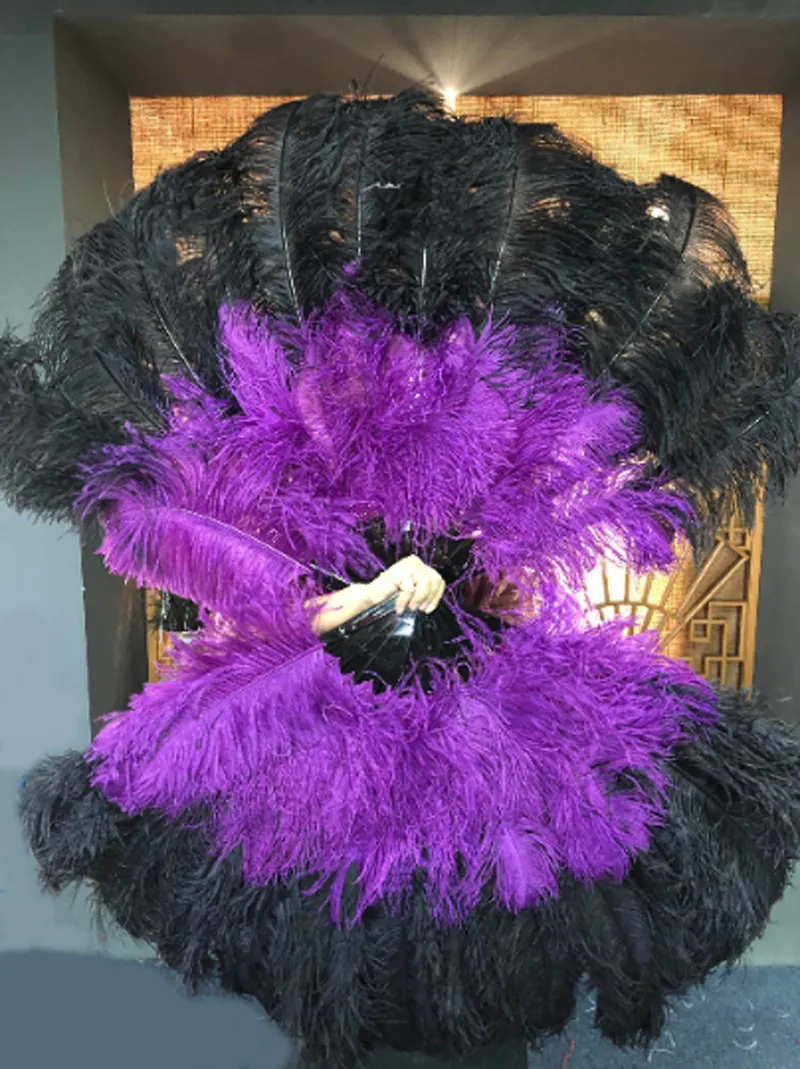 Mix black & dark purple XL 2 Layer Ostrich Feather Fan 34 x 60 with Travel leather Bag b