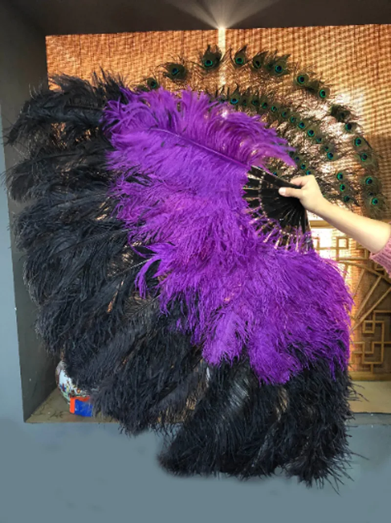 Mix black & dark purple XL 2 Layer Ostrich Feather Fan 34 x 60 with Travel leather Bag b