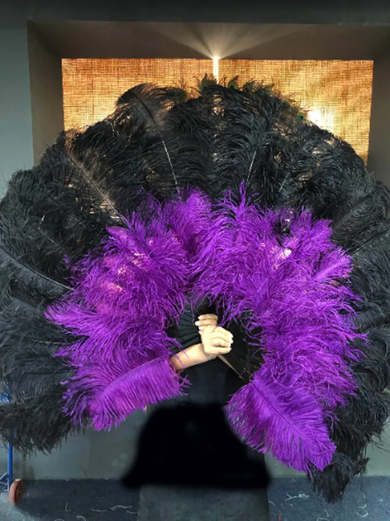 Mix black & dark purple XL 2 Layer Ostrich Feather Fan 34 x 60 with Travel leather Bag b