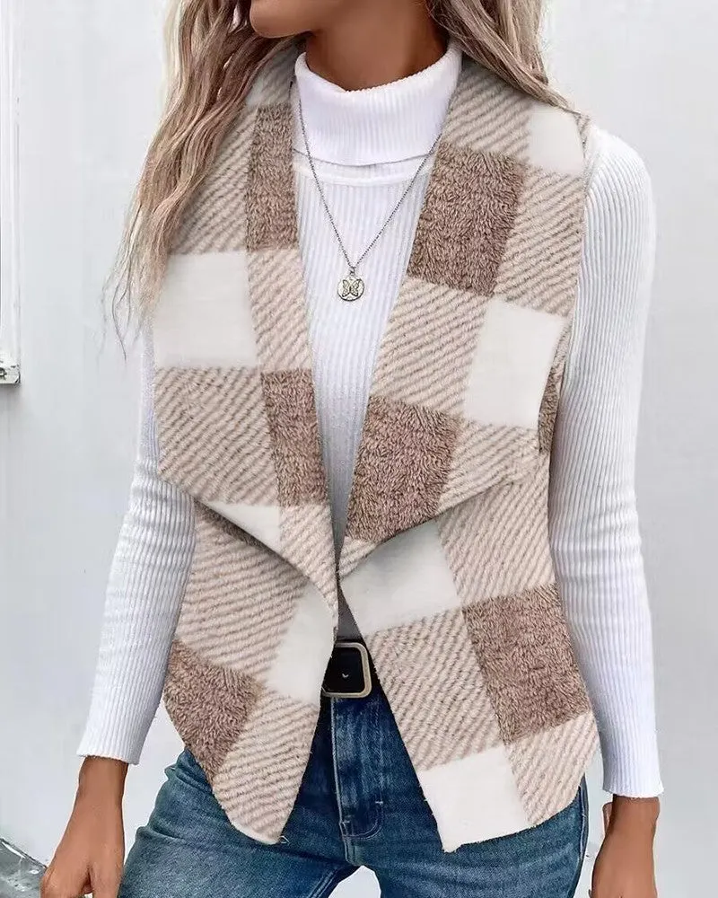 Plaid Pattern Open Front Fuzzy Vest Coat