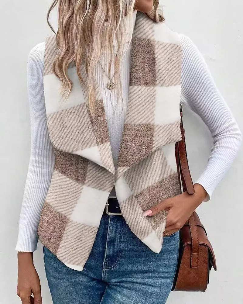 Plaid Pattern Open Front Fuzzy Vest Coat