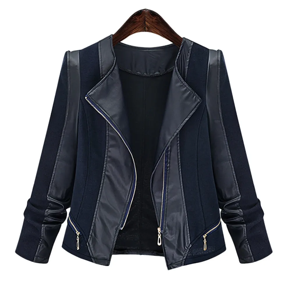 Plus Size Chic Zipped Leather Patchwork Jacket For Women