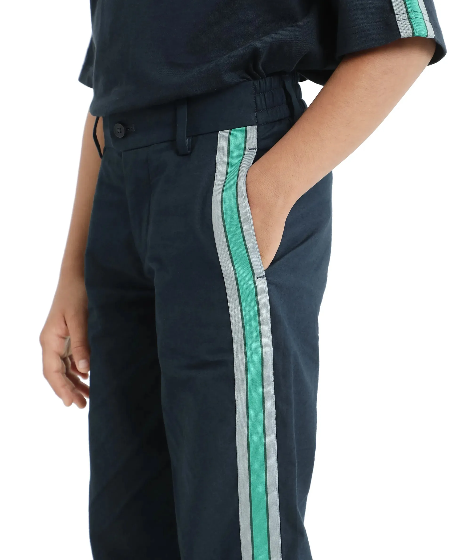 Rare Ones Kids Taper-B Navy Tape Detailed Button And Zip Closure Regular Fit Cotton Trouser