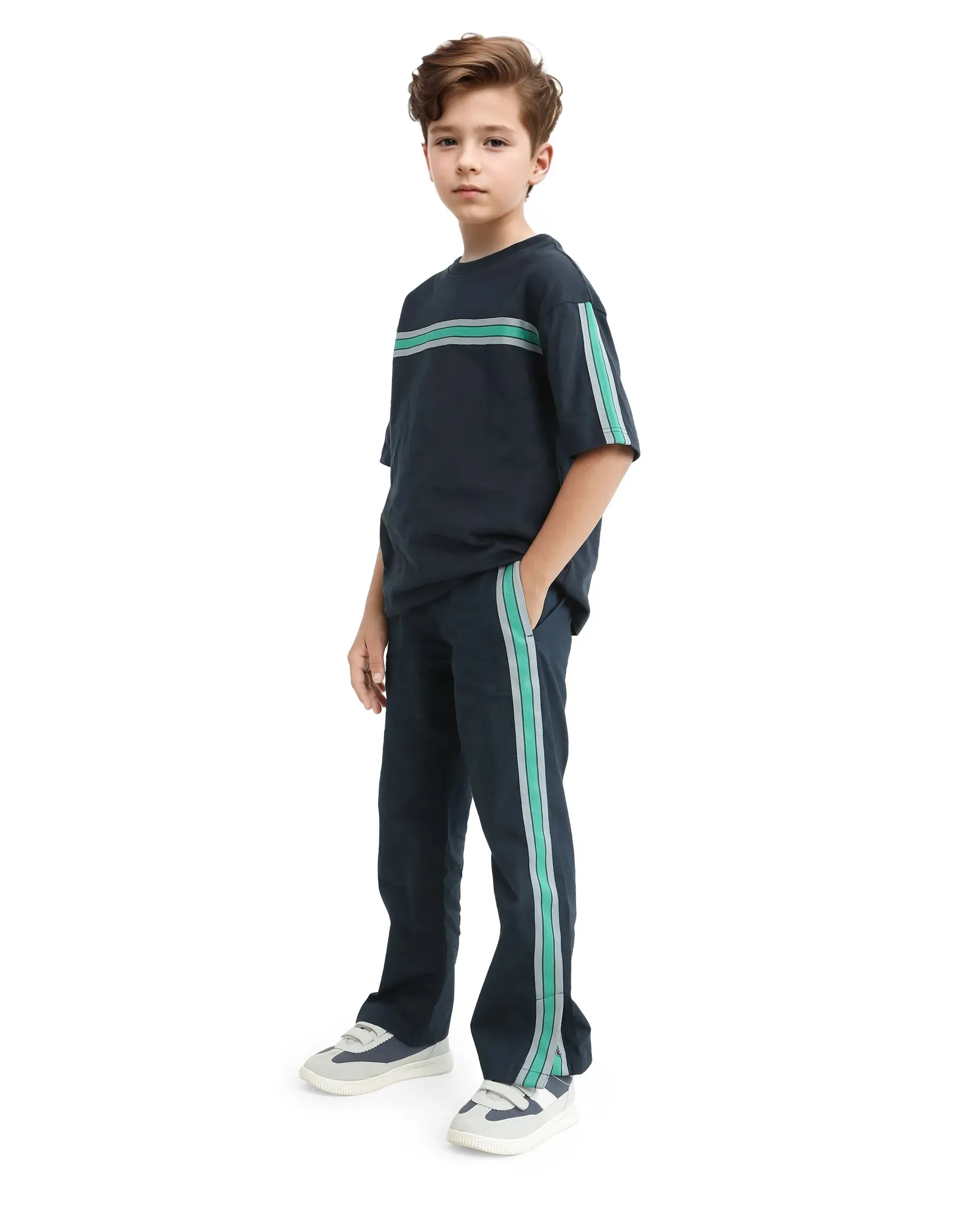 Rare Ones Kids Taper-B Navy Tape Detailed Button And Zip Closure Regular Fit Cotton Trouser