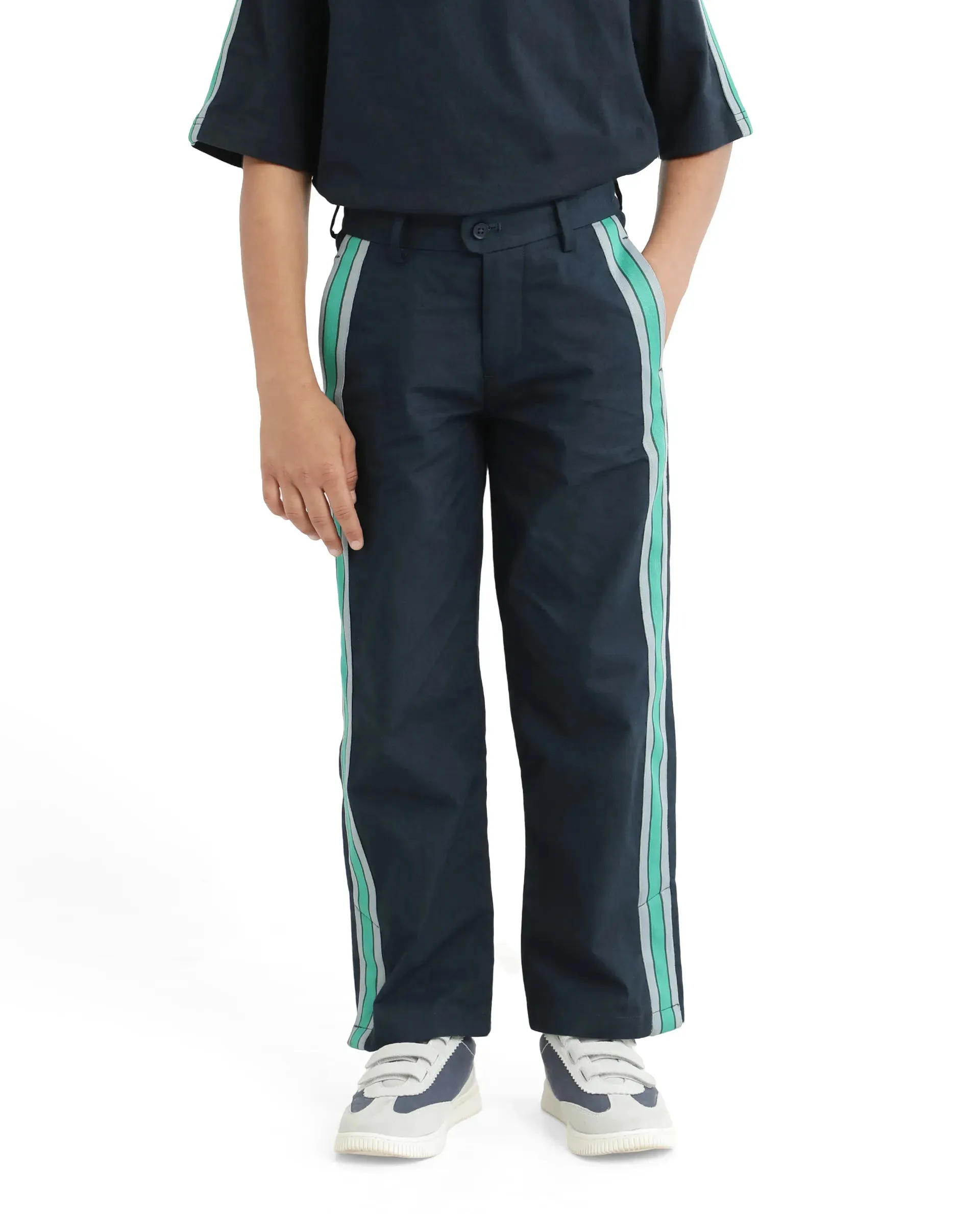 Rare Ones Kids Taper-B Navy Tape Detailed Button And Zip Closure Regular Fit Cotton Trouser