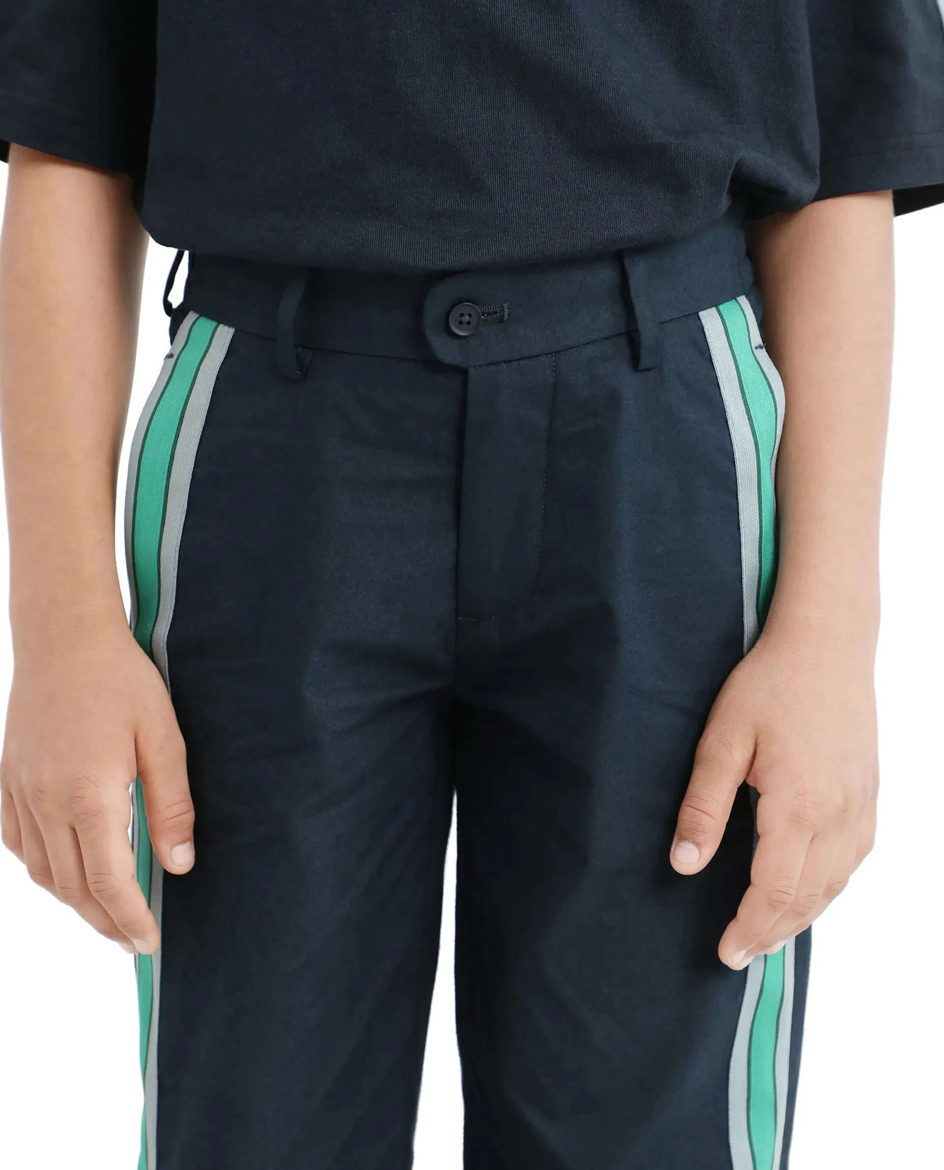 Rare Ones Kids Taper-B Navy Tape Detailed Button And Zip Closure Regular Fit Cotton Trouser