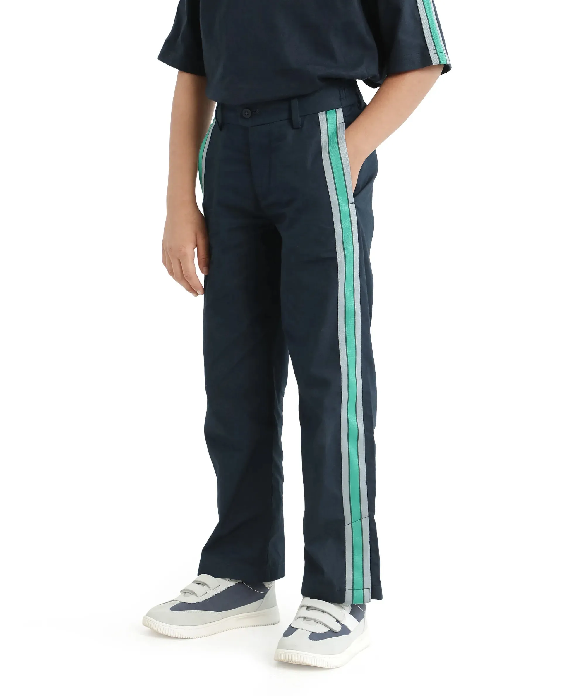 Rare Ones Kids Taper-B Navy Tape Detailed Button And Zip Closure Regular Fit Cotton Trouser