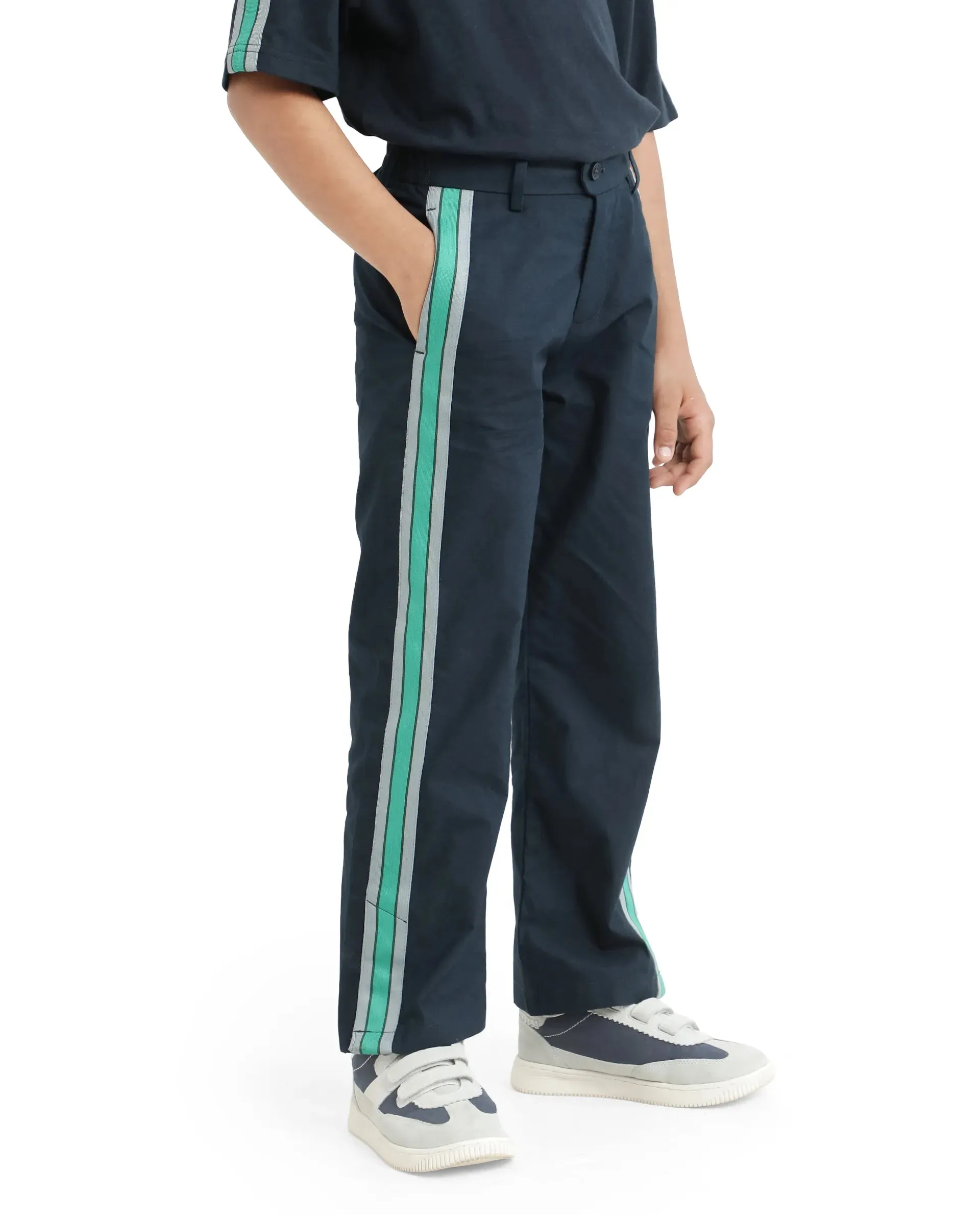 Rare Ones Kids Taper-B Navy Tape Detailed Button And Zip Closure Regular Fit Cotton Trouser