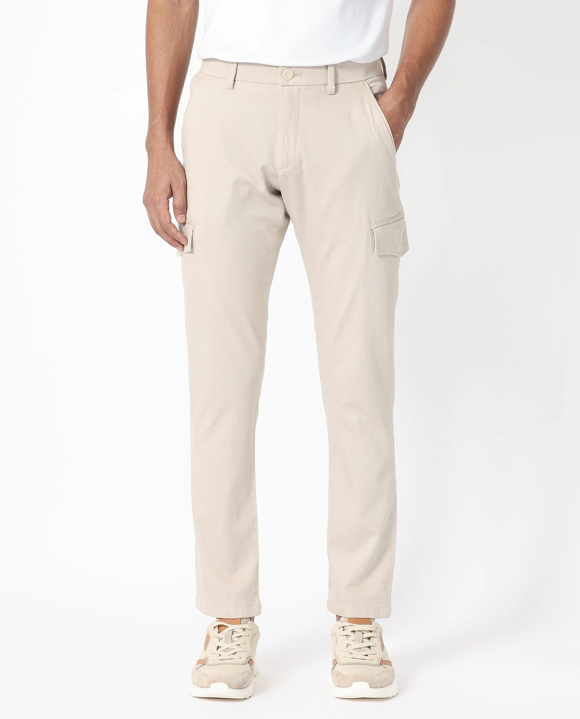 Rare Rabbit Men's Curo Beige Solid Mid-Rise Regular Fit Cargo Style Trouser