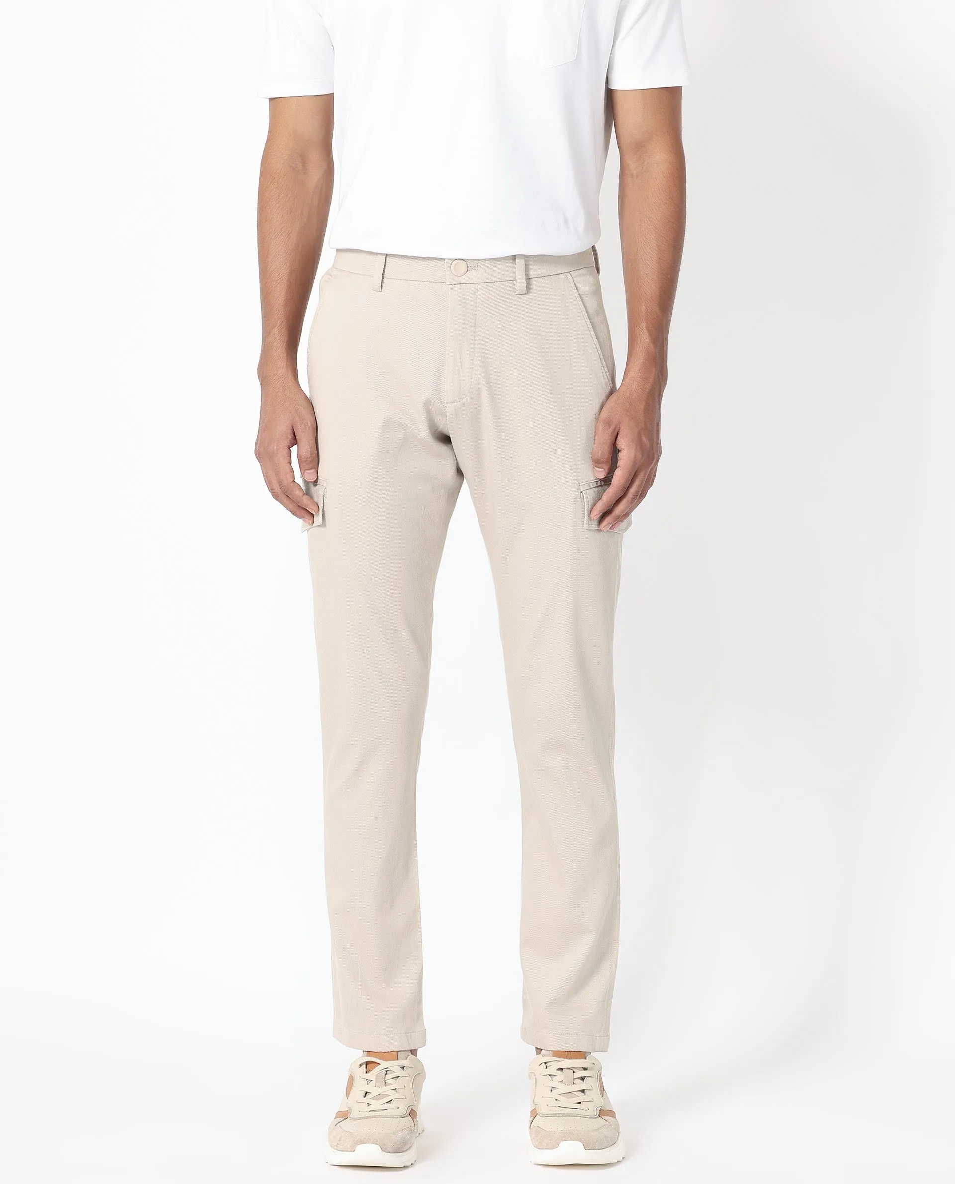 Rare Rabbit Men's Curo Beige Solid Mid-Rise Regular Fit Cargo Style Trouser