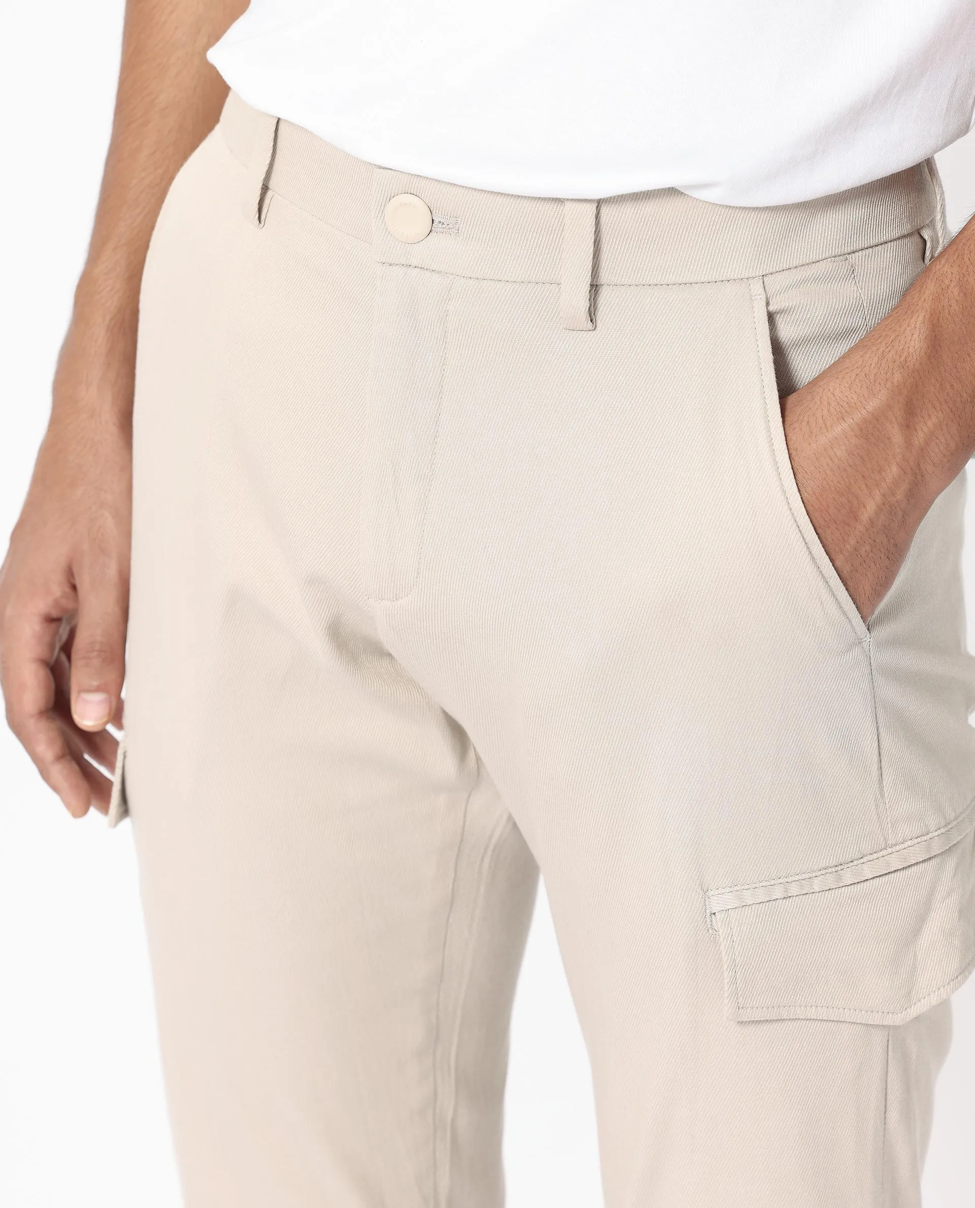 Rare Rabbit Men's Curo Beige Solid Mid-Rise Regular Fit Cargo Style Trouser