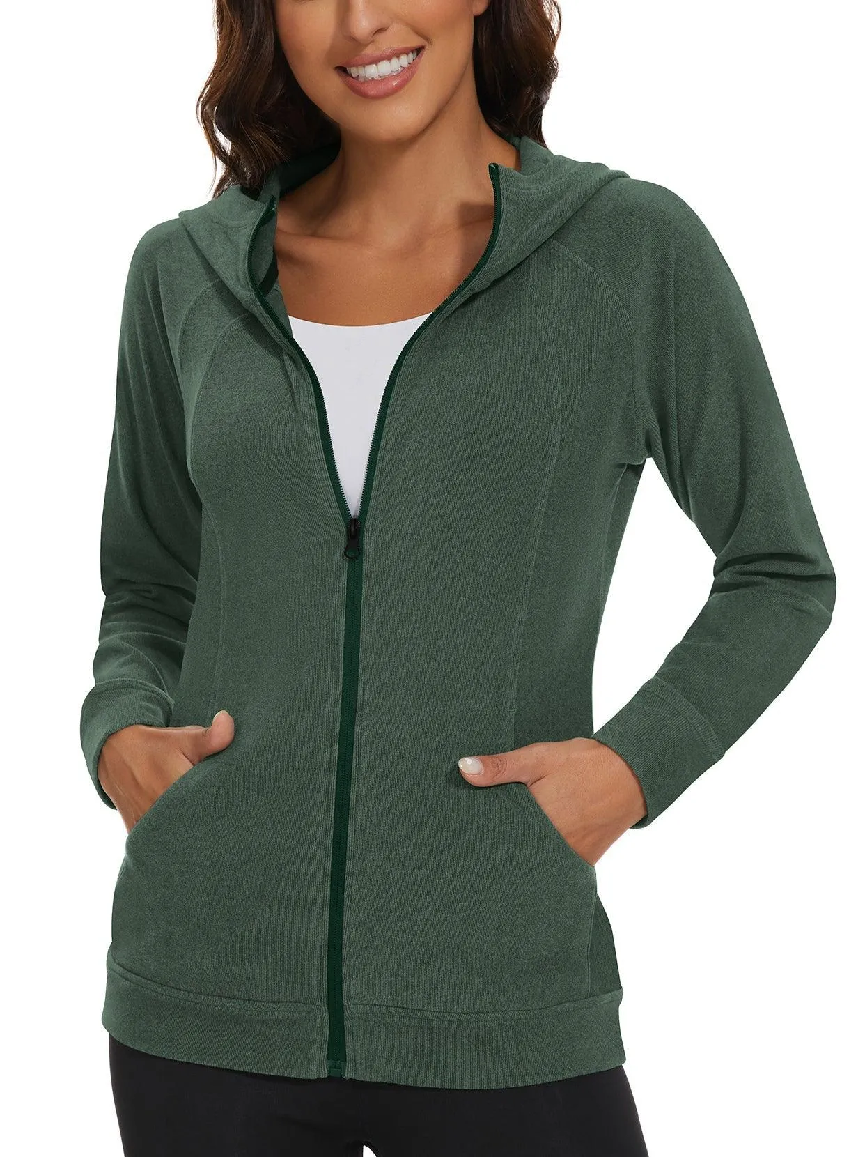 SOcomfi™ Green Full-zip Hooded Jacket with Pockets for Women