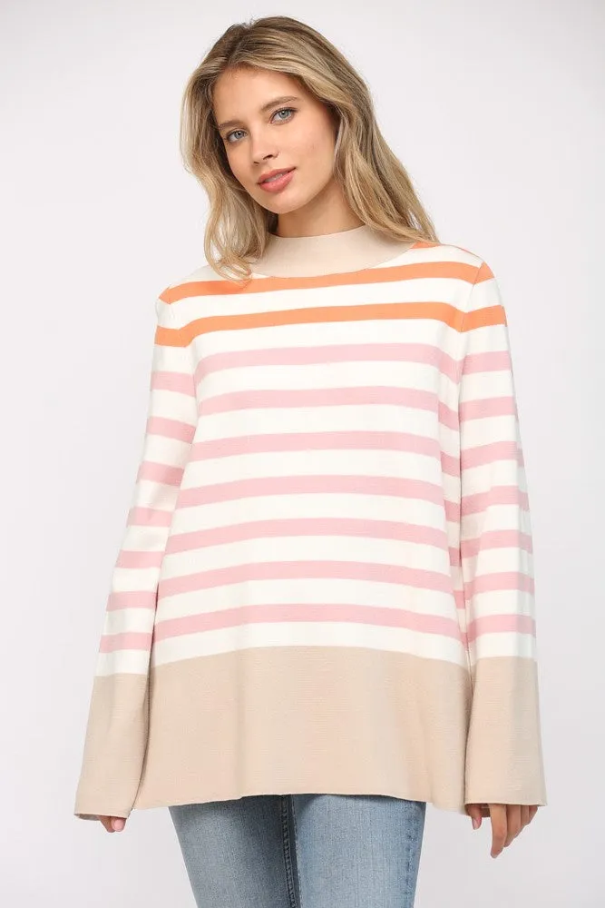 Stripe Mock Neck Bell Sleeve Pullover