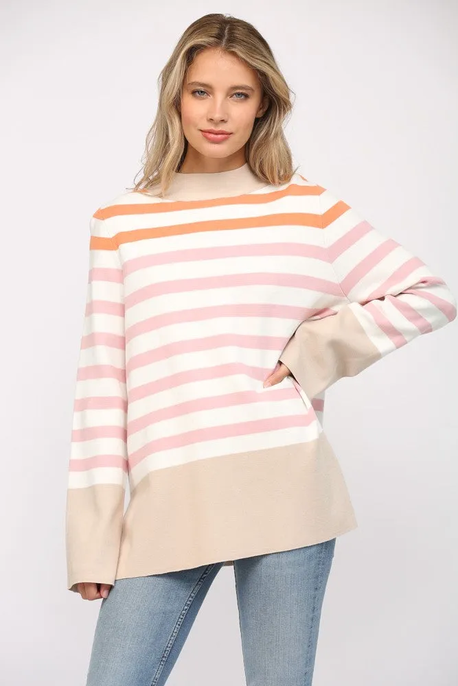 Stripe Mock Neck Bell Sleeve Pullover