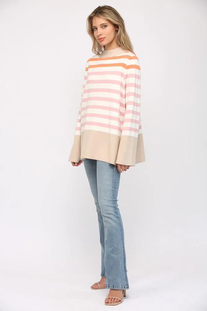 Stripe Mock Neck Bell Sleeve Pullover