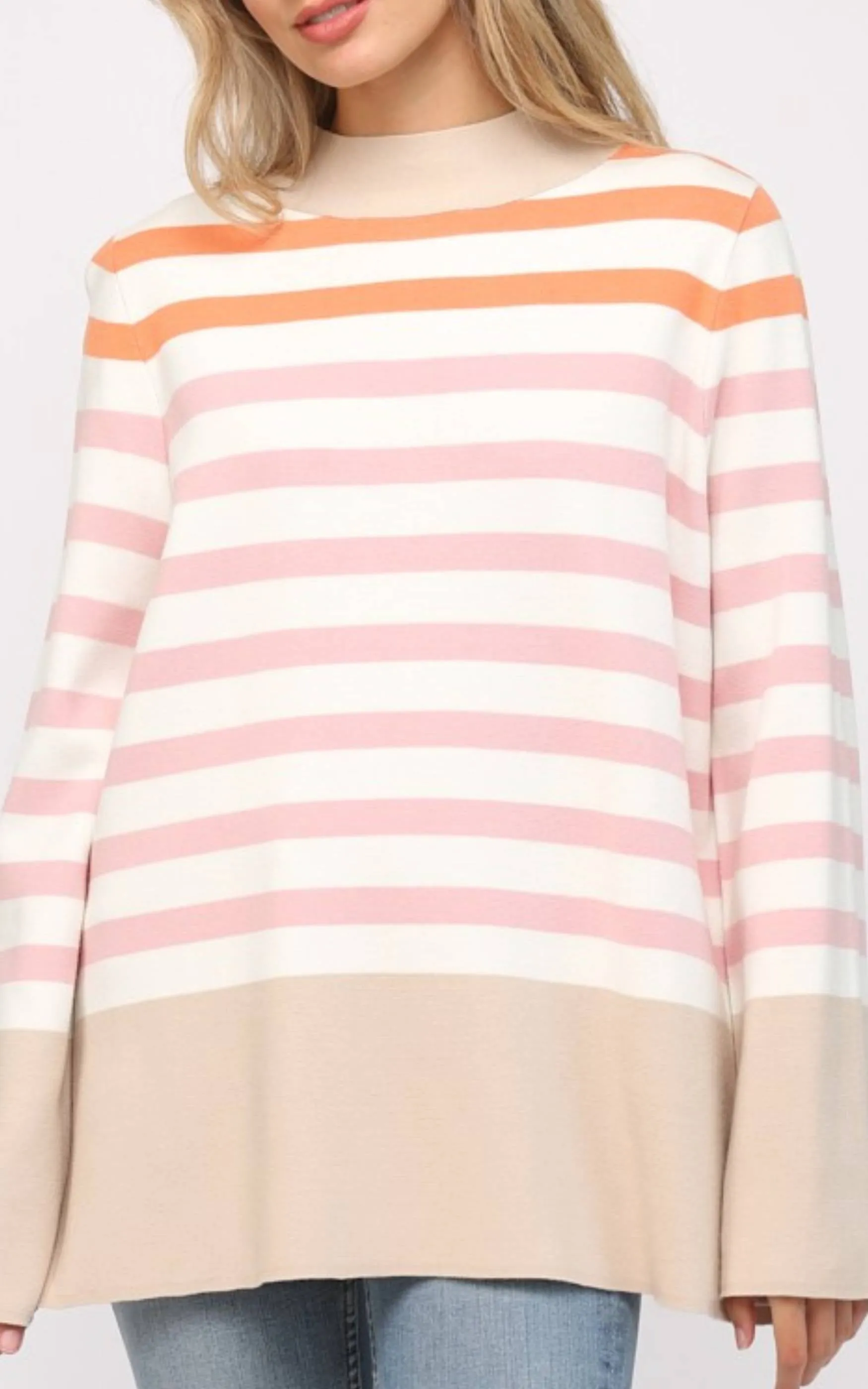 Stripe Mock Neck Bell Sleeve Pullover